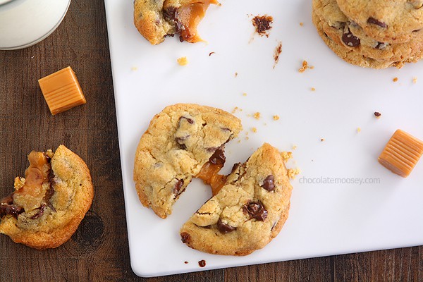 Caramel Stuffed Chocolate Chip Cookies | www.chocolatemoosey.com