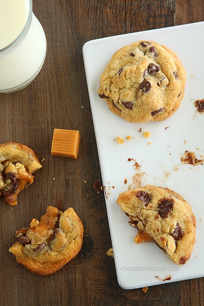 Caramel Stuffed Chocolate Chip Cookies | www.chocolatemoosey.com