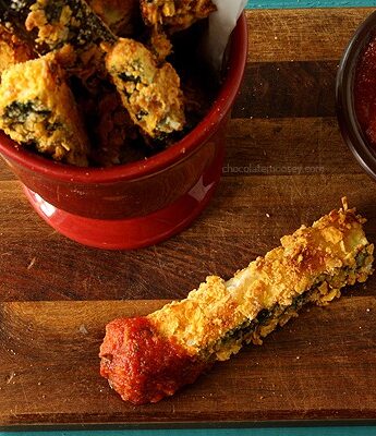 Crispy baked zucchini and eggplant fries with spicy tomato dipping sauce.