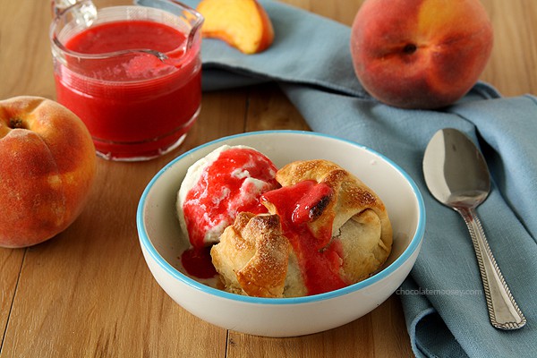 Peach Dumplings with Raspberry Sauce | www.chocolatemoosey.com