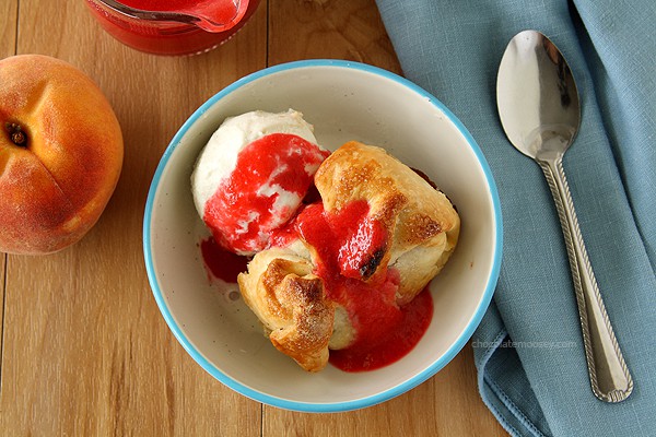 Peach Dumplings with Raspberry Sauce | www.chocolatemoosey.com