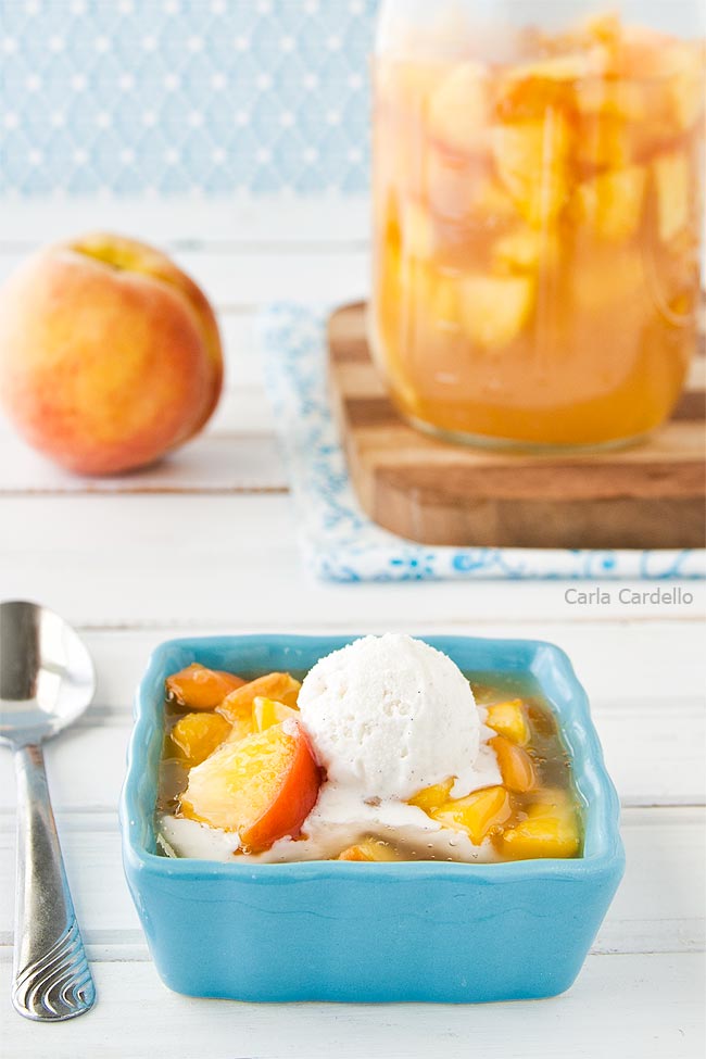 Peach pie filling with ice cream on top