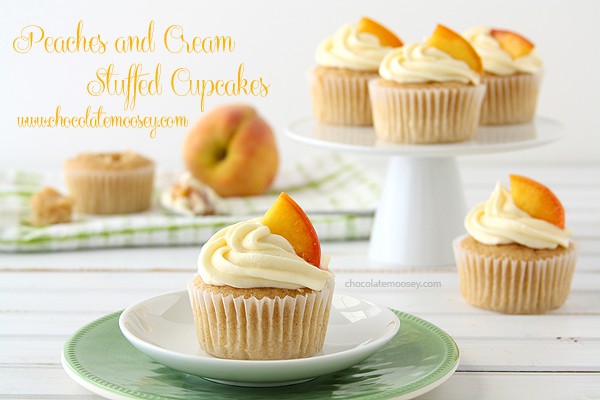 Peaches and Cream Stuffed Cupcakes | www.chocolatemoosey.com