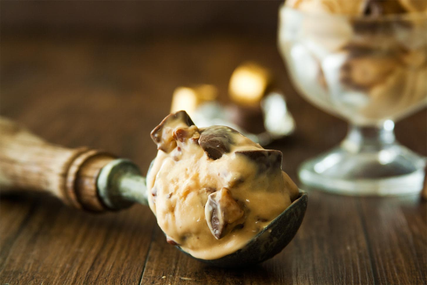 Homemade ice cream with caramel in scoop