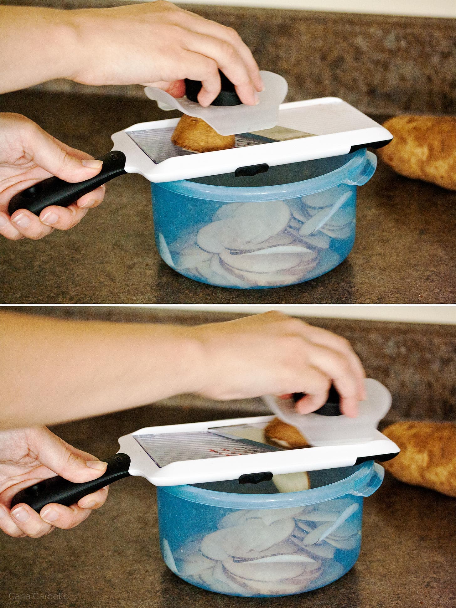 Using handheld mandoline to make homemade salt and vinegar chips