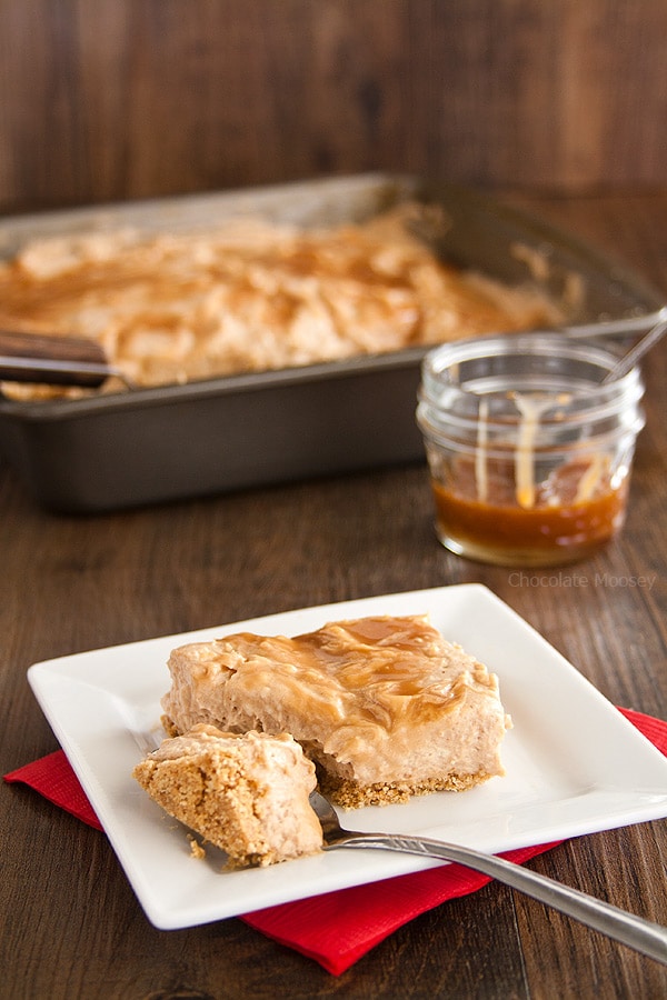 Take a bite of fall with creamy No Bake Caramel Swirl Apple Butter Cheesecake with a homemade graham cracker crust.