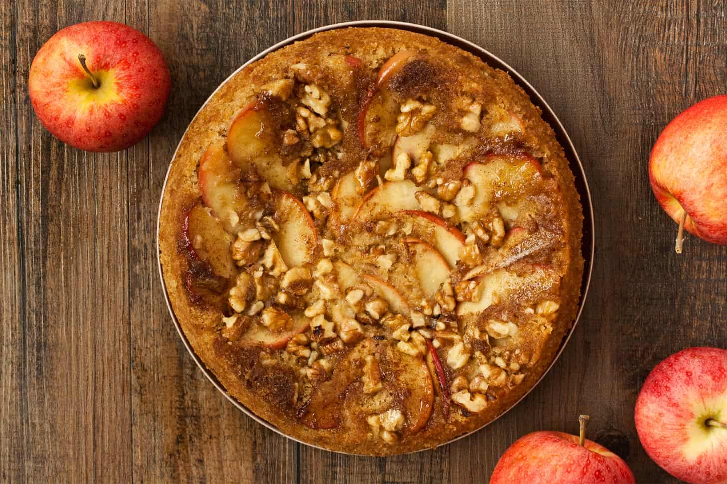 Upside down apple cake on wooden table