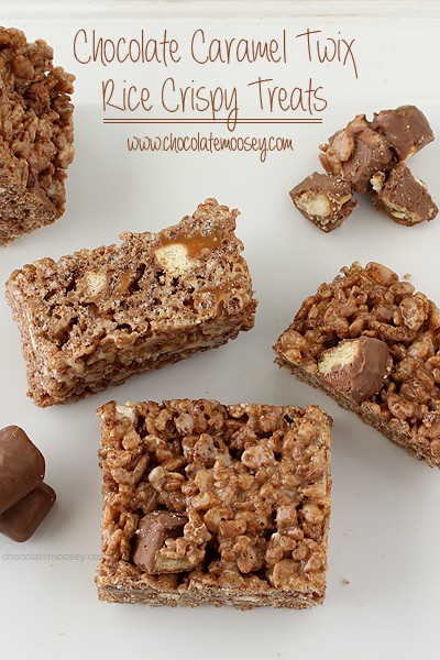 Chocolate Caramel Twix Rice Crispy Treats | www.chocolatemoosey.com