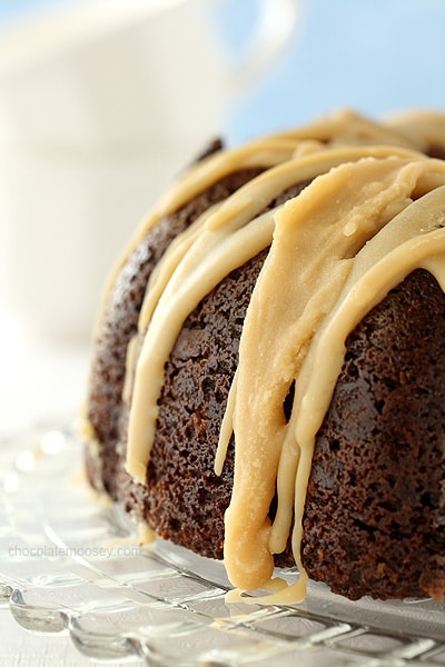 Double Chocolate Espresso Bundt Cake with Caramel Glaze | www.chocolatemoosey.com