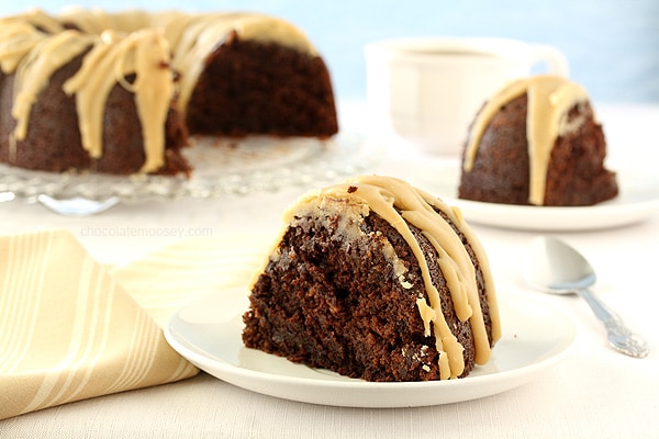 Double Chocolate Espresso Bundt Cake with Caramel Glaze | www.chocolatemoosey.com