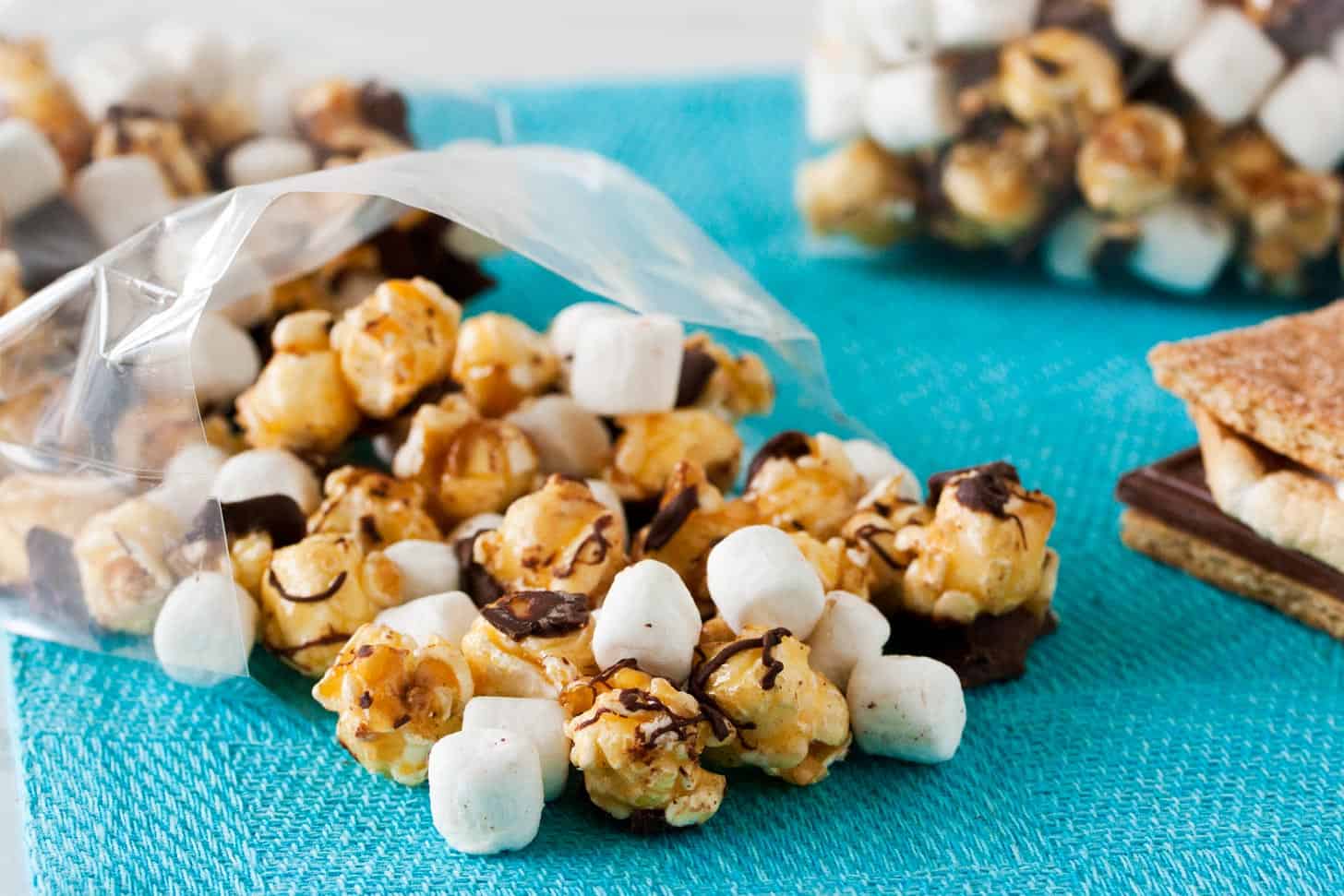 Bag with smores popcorn spilling out