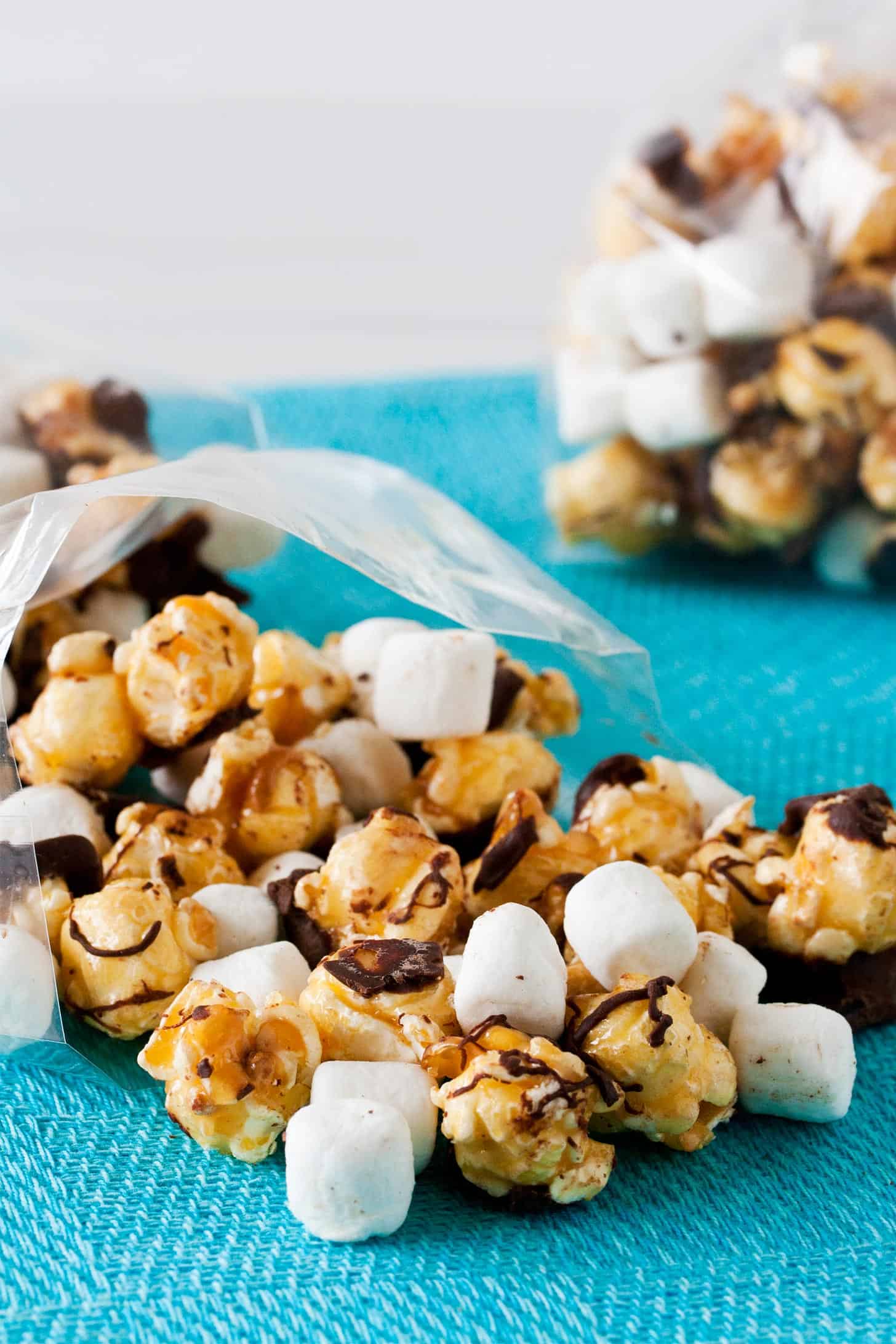 Bag of smores popcorn with marshmallow and chocolate