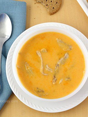 Cheesy Buffalo Chicken Soup | www.chocolatemoosey.com