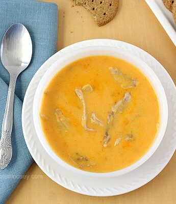 Cheesy Buffalo Chicken Soup | www.chocolatemoosey.com