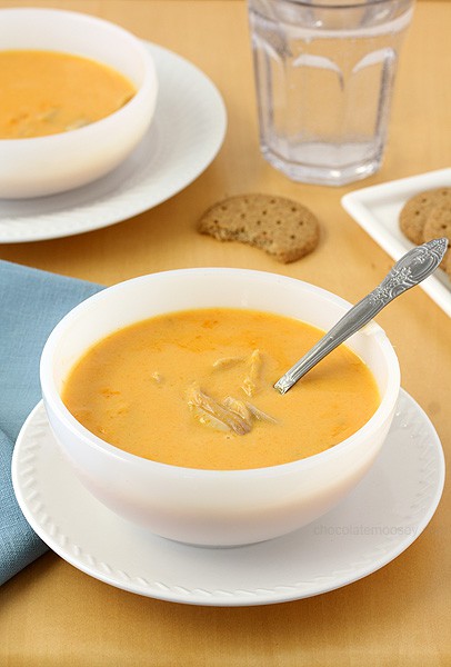 Cheesy Buffalo Chicken Soup | www.chocolatemoosey.com