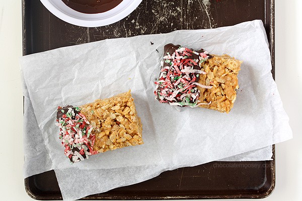 Small Batch Peanut Butter Rice Krispie Treats dipped in chocolate