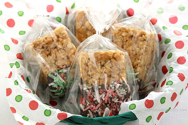 Small Batch Peanut Butter Rice Krispie Treats decorated for Christmas