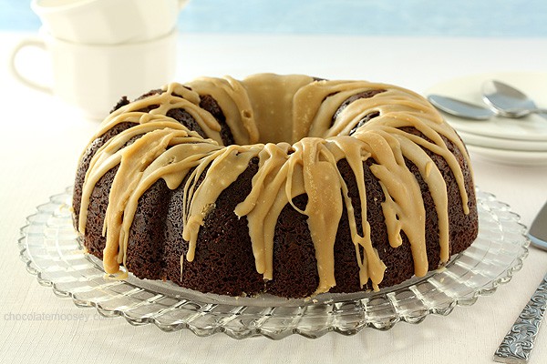 Double Chocolate Espresso Bundt Cake with Caramel Glaze | www.chocolatemoosey.com