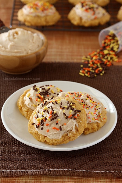 Soft Pumpkin Sugar Cookies with Cinnamon Frosting | www.chocolatemoosey.com