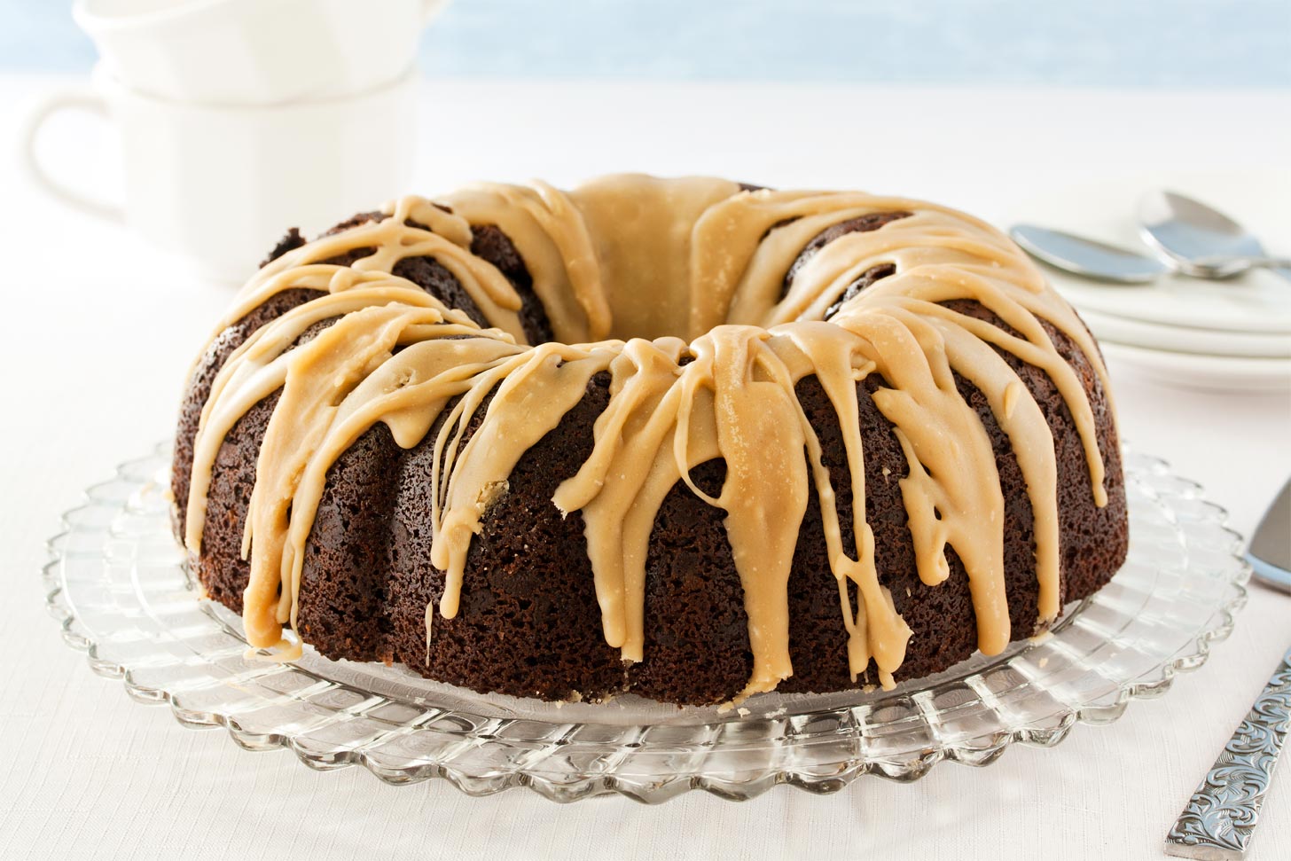 Whole chocolate bundt cake with caramel glaze