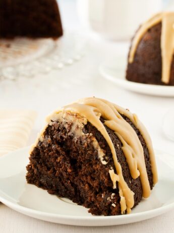 Close up of chocolate bundt cake slice