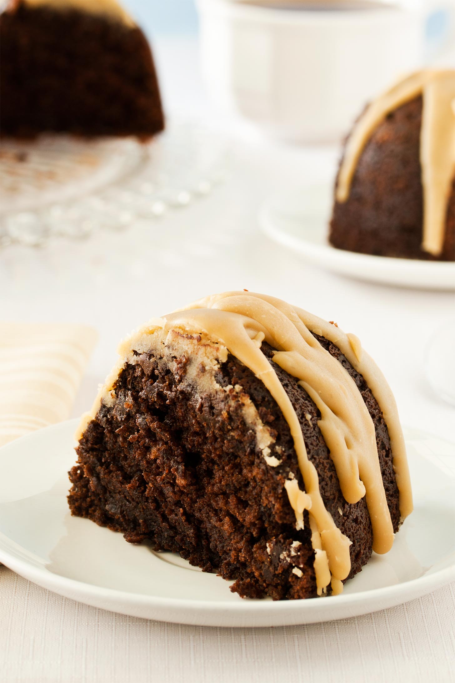 Close up of chocolate bundt cake slice