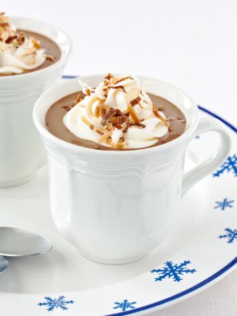 White mug with coconut milk hot chocolate