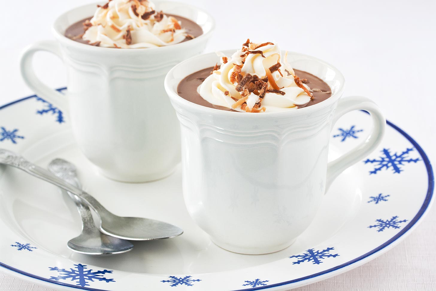 White mug with coconut milk hot chocolate 