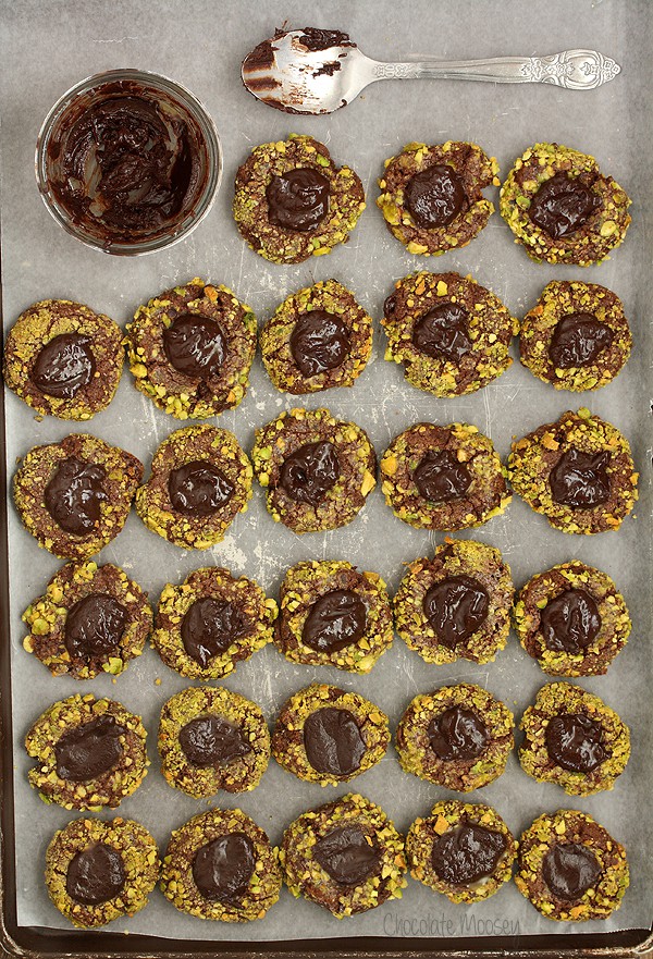 Irish Cream and Pistachio Chocolate Thumbprint Cookies