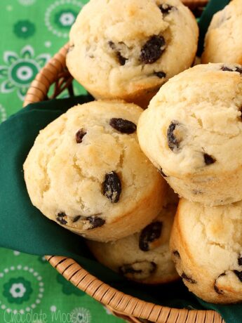 Irish Soda Bread Muffins in a bread basket with green linen