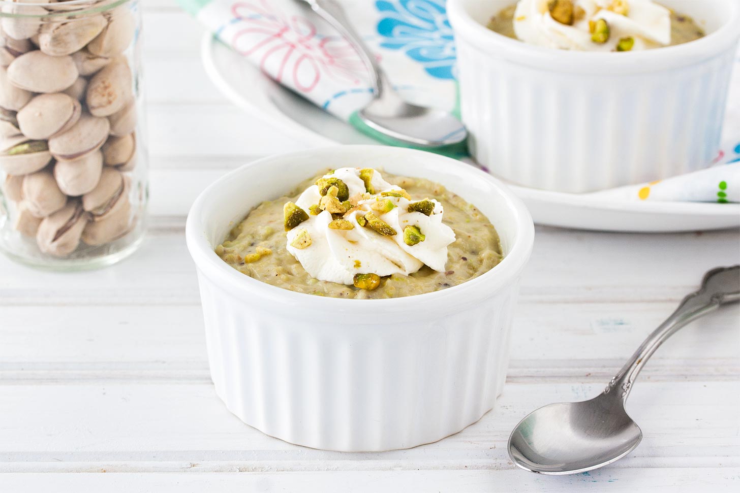 Homemade pistachio pudding with spoon