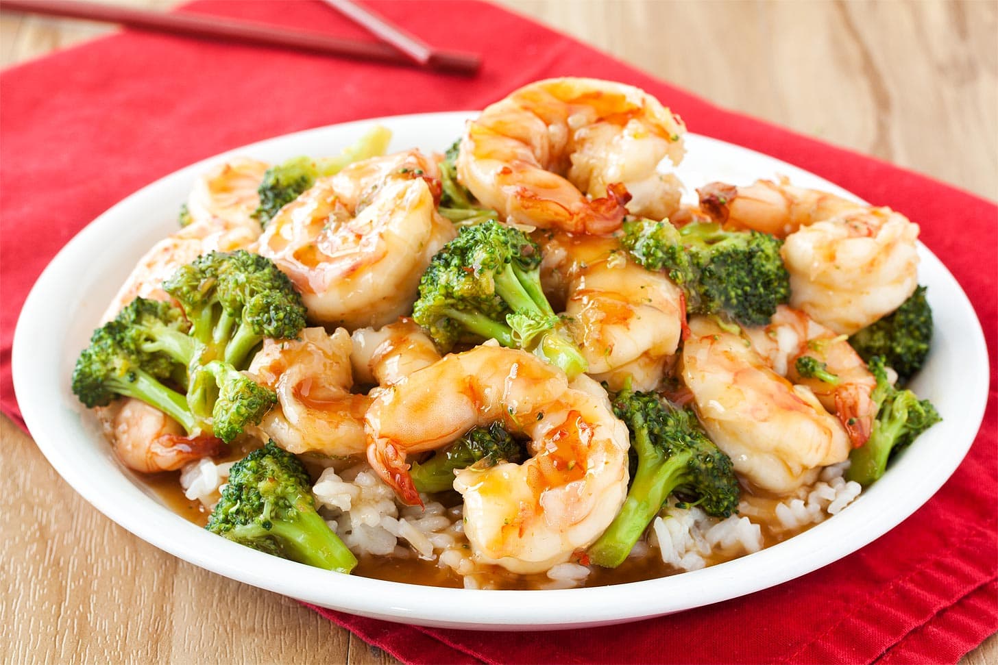 Shrimp with sweet chili sauce, broccoli, and rice