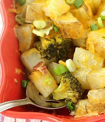 Loaded Baked Potato Casserole with bacon, broccoli, cheese, and scallions