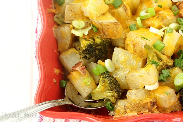 Loaded Baked Potato Casserole with bacon, broccoli, cheese, and scallions