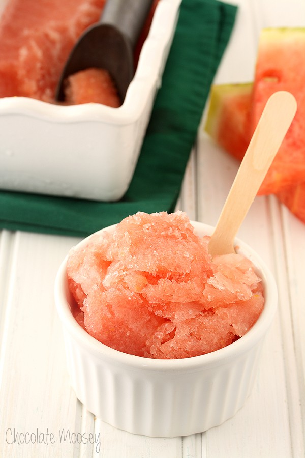 Watermelon Ice in a ramekin with wooden spoon