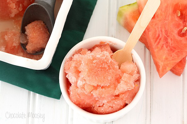 Watermelon Ice in a ramekin with wooden spoon