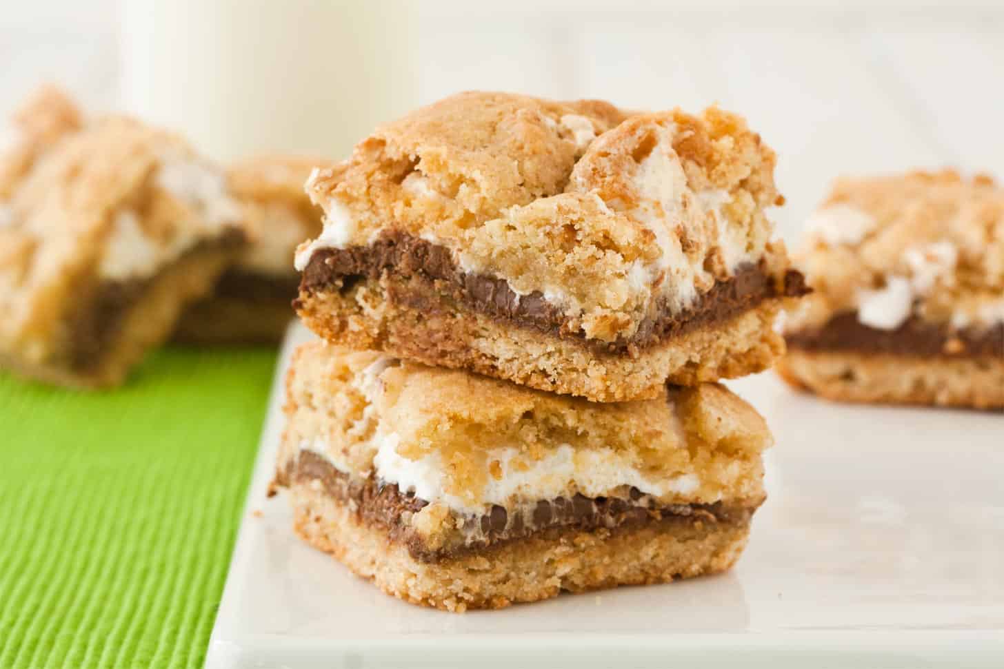 S'mores cookie bars stacked on top of each other