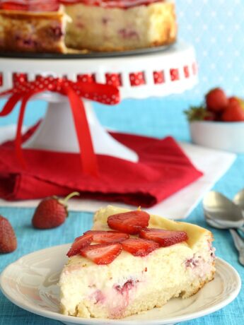 Strawberry Shortcake Cheesecake with a sponge cake crust