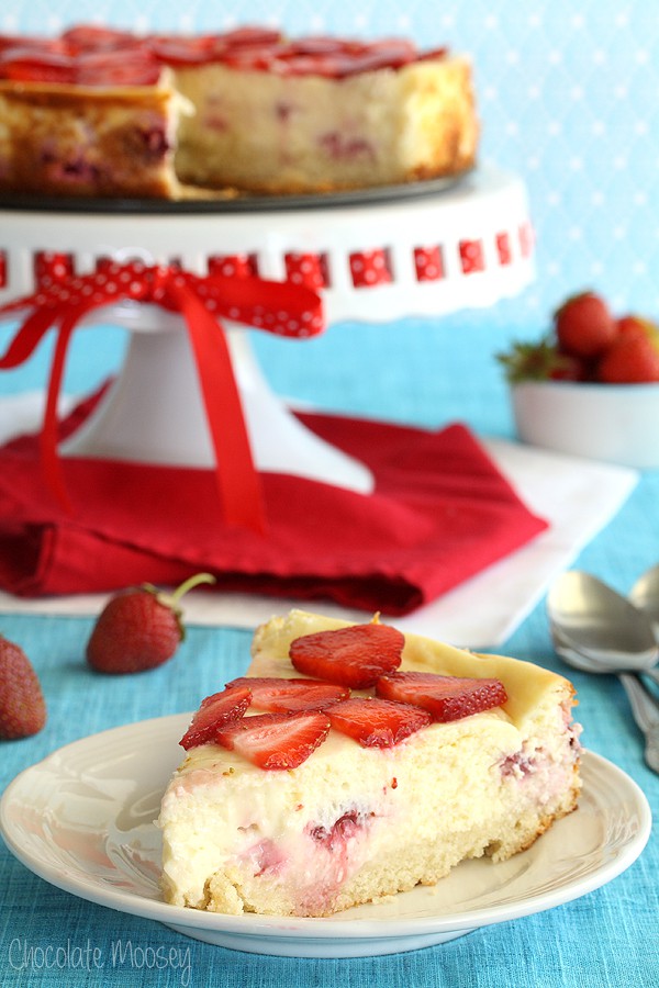 Strawberry Shortcake Cheesecake with a sponge cake crust