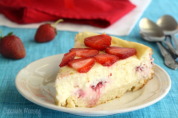 Strawberry Shortcake Cheesecake with a sponge cake crust