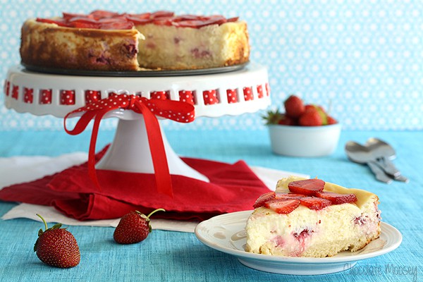 Strawberry Shortcake Cheesecake with fresh strawberries and sponge cake crust