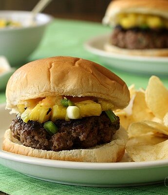 Sweet Chili and Pineapple Thai Burgers with sweet chili aioli and pineapple salsa