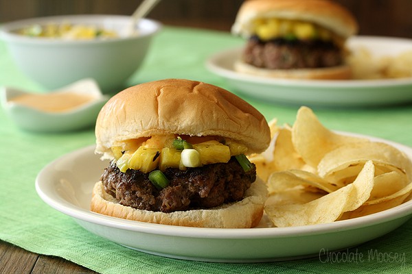 Sweet Chili and Pineapple Thai Burgers with sweet chili aioli and pineapple salsa