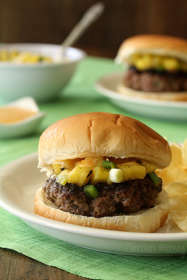 Sweet Chili and Pineapple Thai Burgers with sweet chili aioli and pineapple salsa