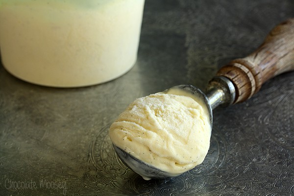 Scoop of Vanilla Bean Ice Cream next to pint container