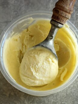 Vanilla Bean Ice Cream in pint container with ice cream scoop