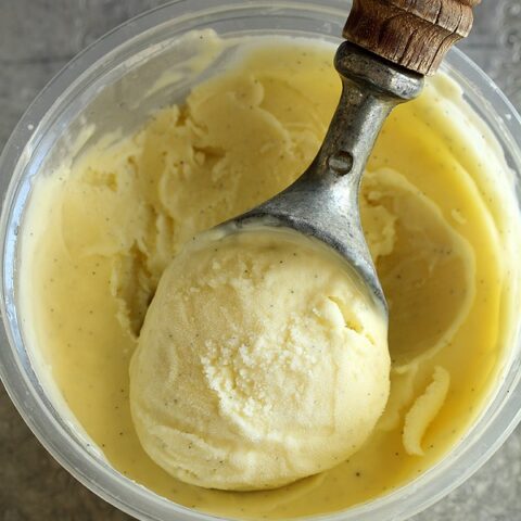 Vanilla Bean Ice Cream in pint container with ice cream scoop