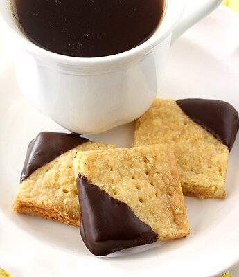 Chocolate-Dipped Orange Shortbread Cookies with tea