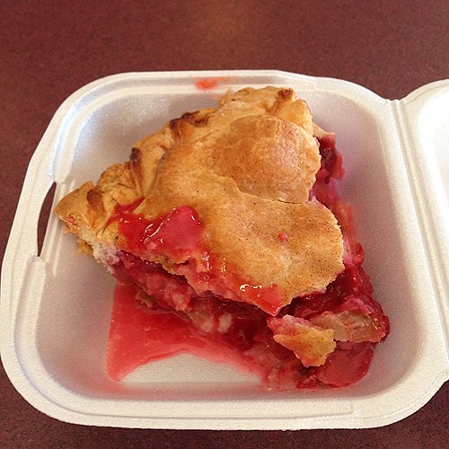 Slice of raspberry rhubarb jalapeno pie