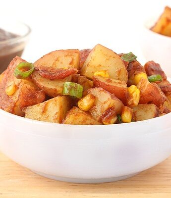 Apple Butter BBQ Potato Salad with bacon, corn, and scallion